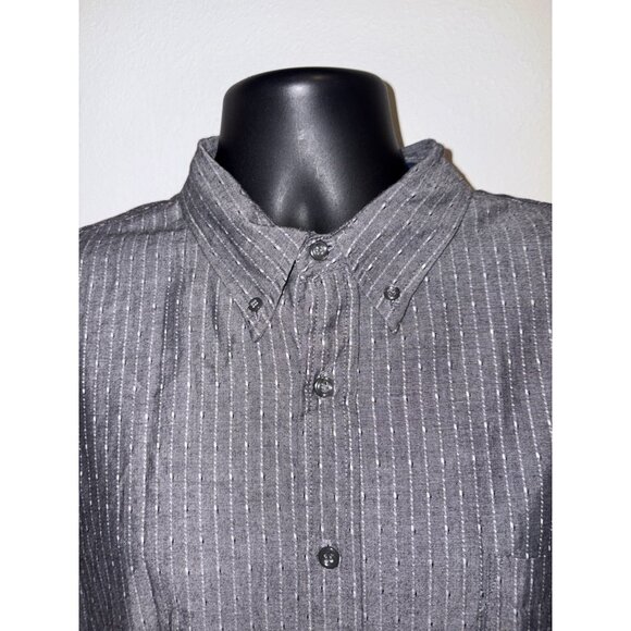 Puritan Mens Large Shirt Button Down Collar Short Sleeve Gray Stripe - Picture 2 of 9